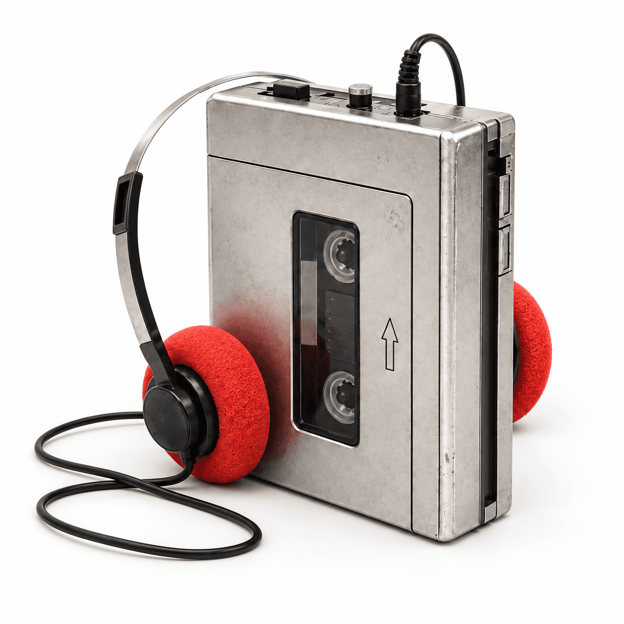 A brushed silver cassette player with red foam headphones